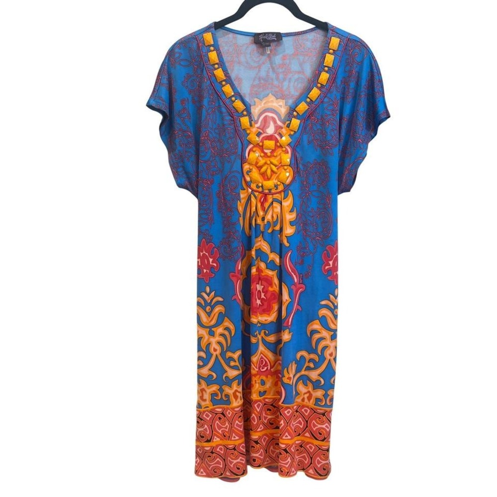 Hale Bob Silk Cabana Dress Blue Orange Paisley Print Embellished V Neck M